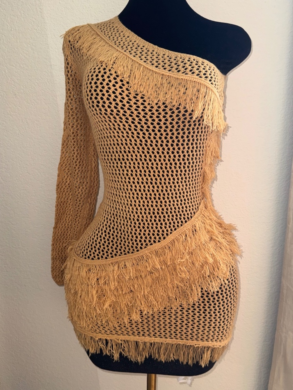 Fringe Crochet One Shoulder Cover-Up Dress | Boho Beachwear | Resort Style - Picture 5 of 7